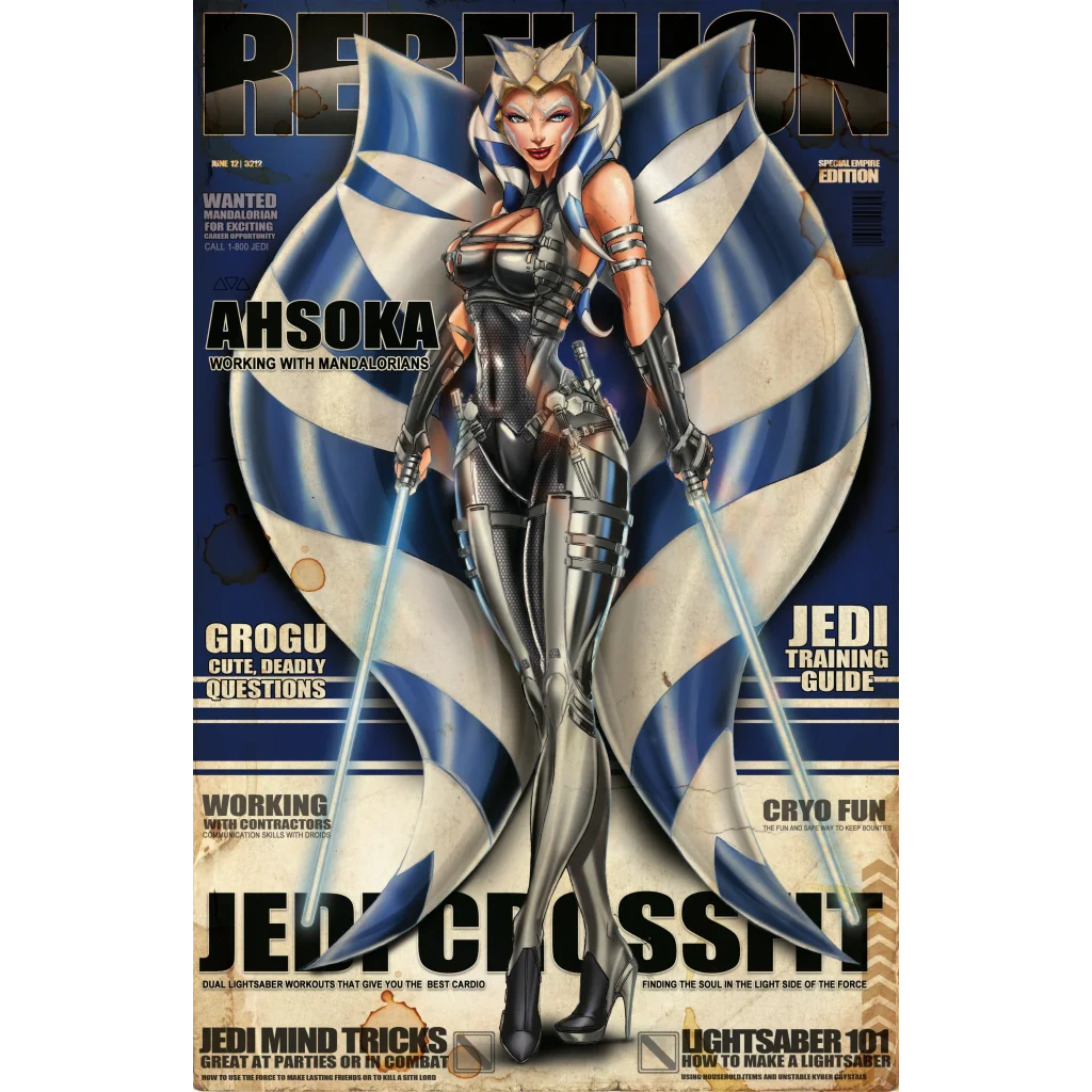 Ahsoka Tano brushed aluminum wing armor print with sleek silver black suit and blue white striped wings