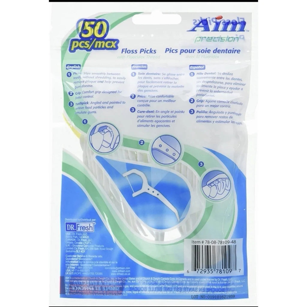 Aim Precision Floss Picks 50 count with Fluoridex thread comfort grip 3 pack