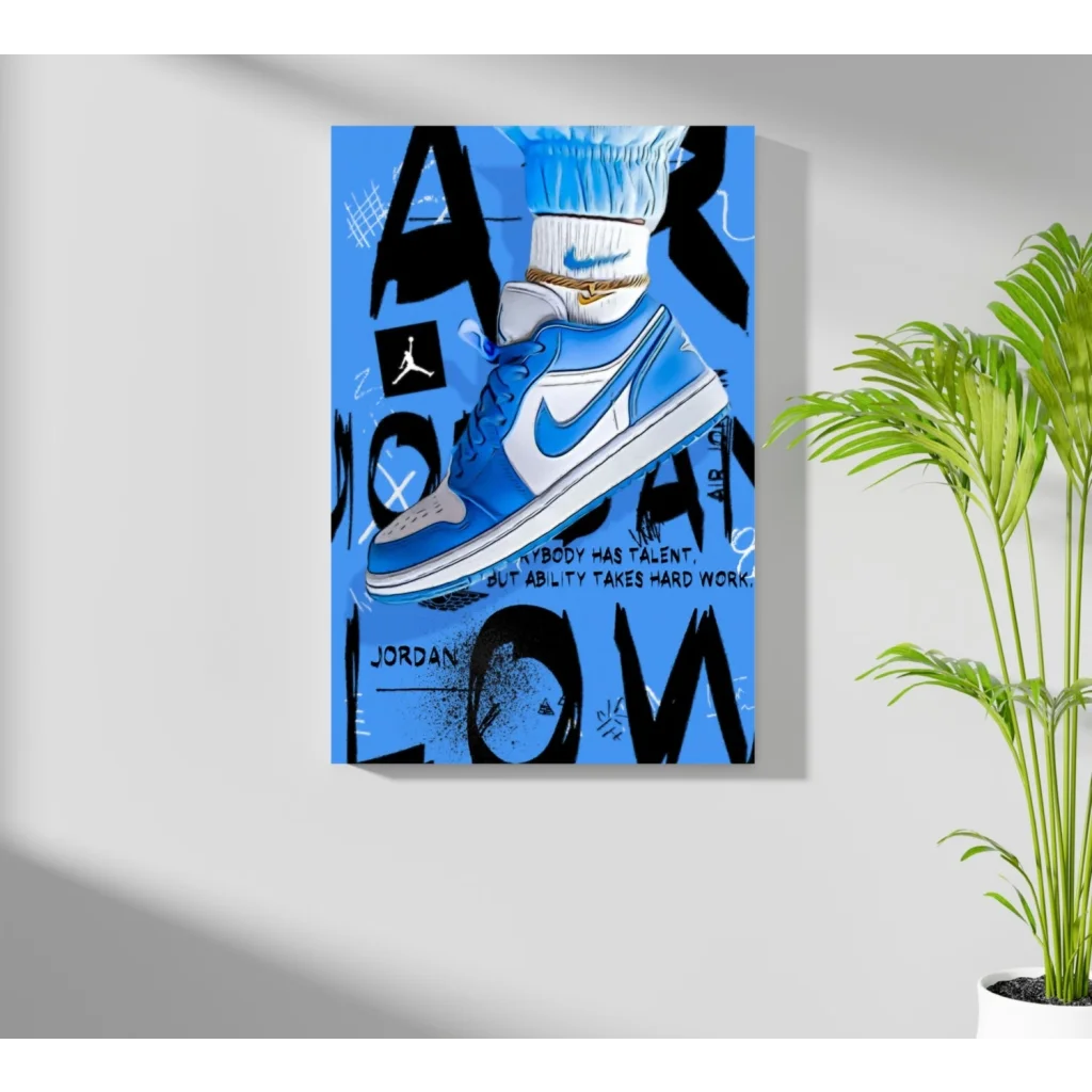 Blue and white Nike Air Jordan 1 low sneaker on insigne aluminum print