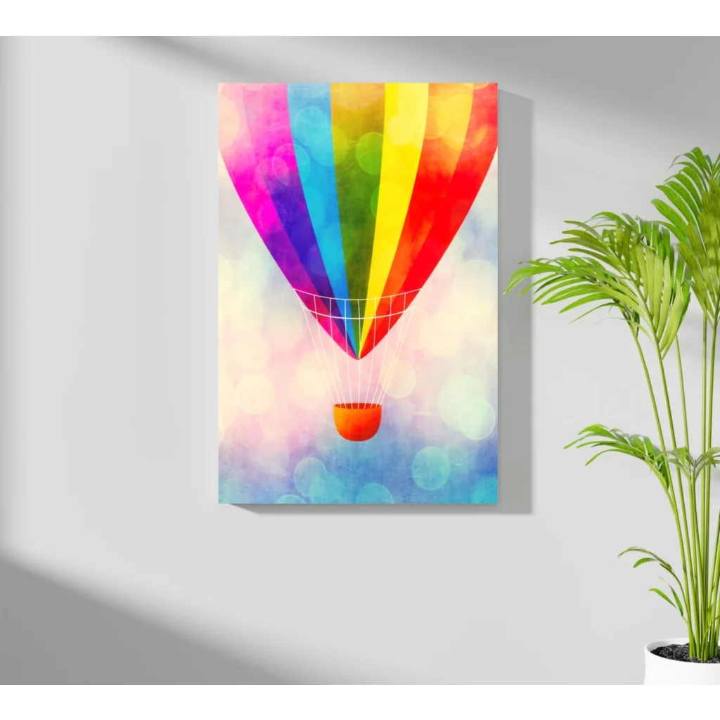 Vibrant rainbow hot air balloon on insigne aluminum print with bokeh backdrop