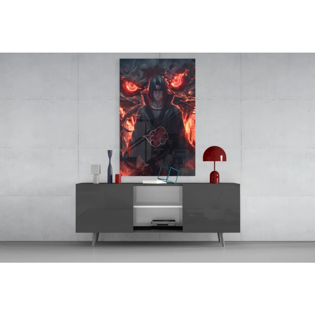 Red and black Akatsuki poster on flames canvas wall art with red cloud design
