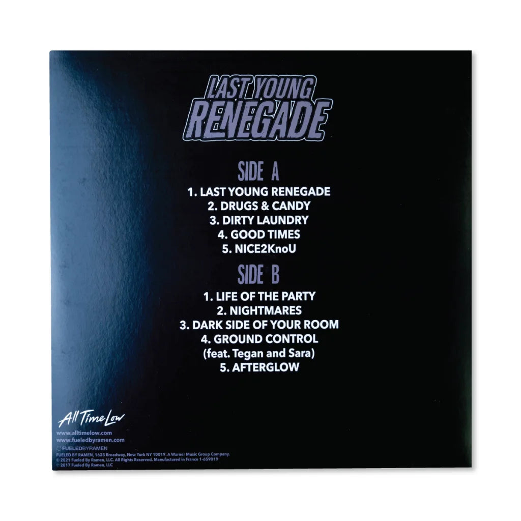 Black vinyl record sleeve with tracklist for All Time Low Last Young Renegade Blue Vinyl LP