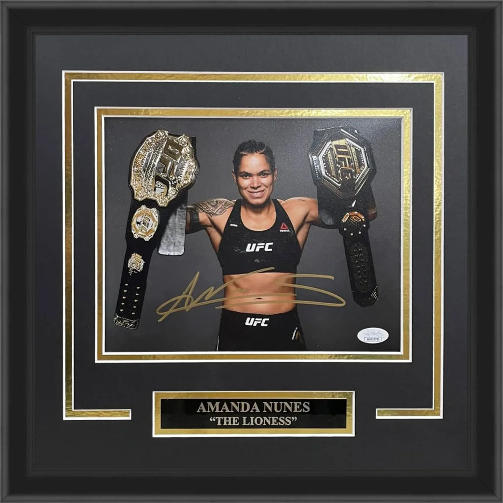 Amanda nunes autographed deluxe framed 8x10 photo with belts