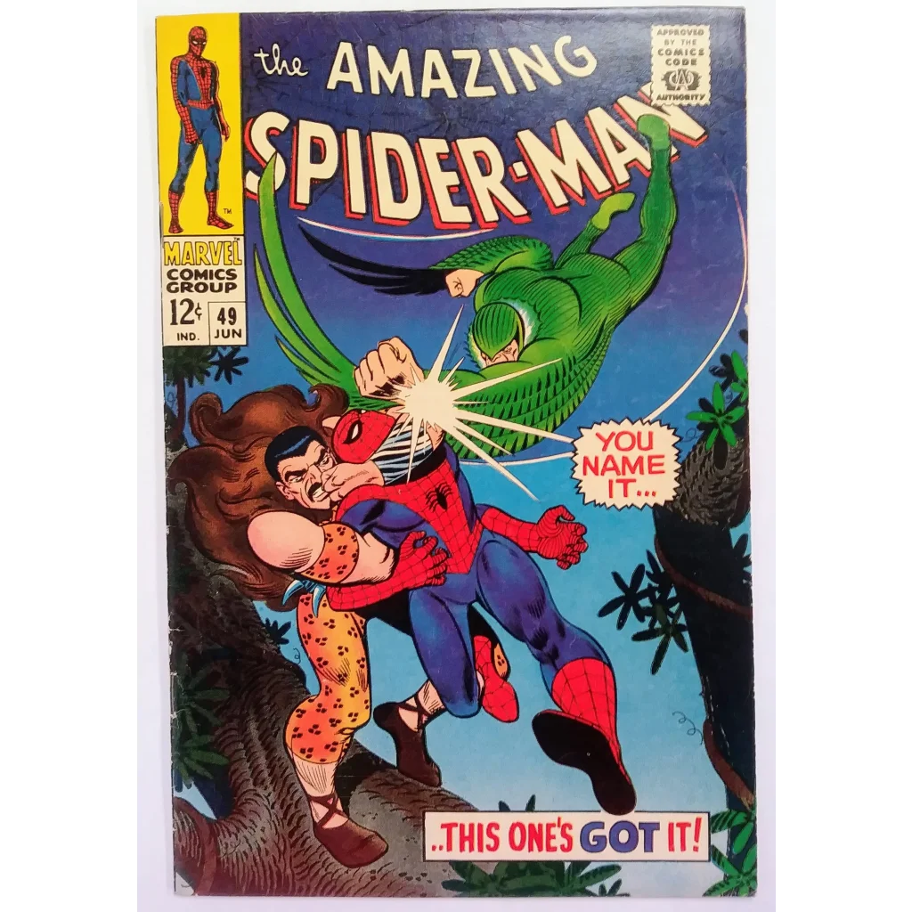 Amazing Spider-Man 49 Marvel Comics cover, Spidey swinging in jungle, VG+ condition