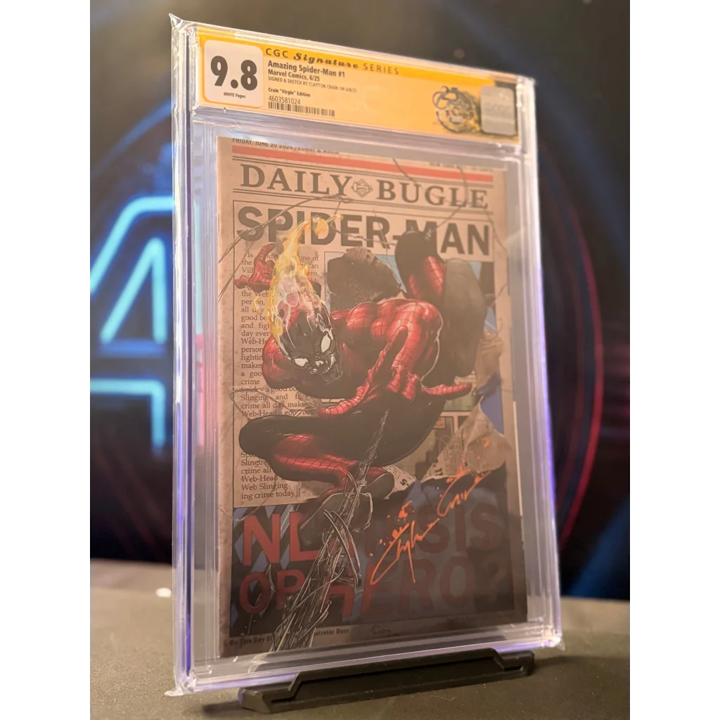 Amazing Spider-Man #75 signed comic book with red and black art in CGC 9.8 signature slab against newspaper backdrop