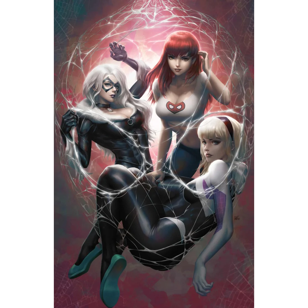 Black Cat, Scarlet Witch, Spider-Gwen in glowing web sphere, Amazing Spider-Man #13 exclusive