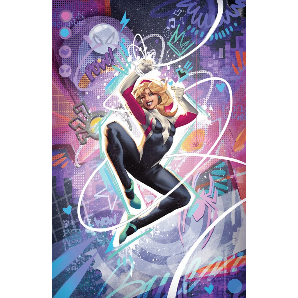 Blonde-haired Spider-Gwen in black, white, pink suit mid-jump from Mateus Manhanini comic