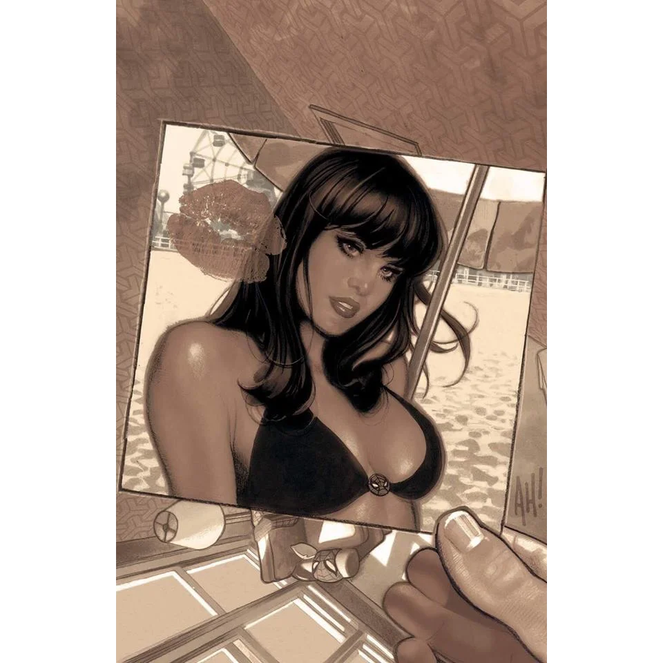 Sepia-toned photo of woman in black bikini from Amazing Spider-Man #800 Adam Hughes exclusive