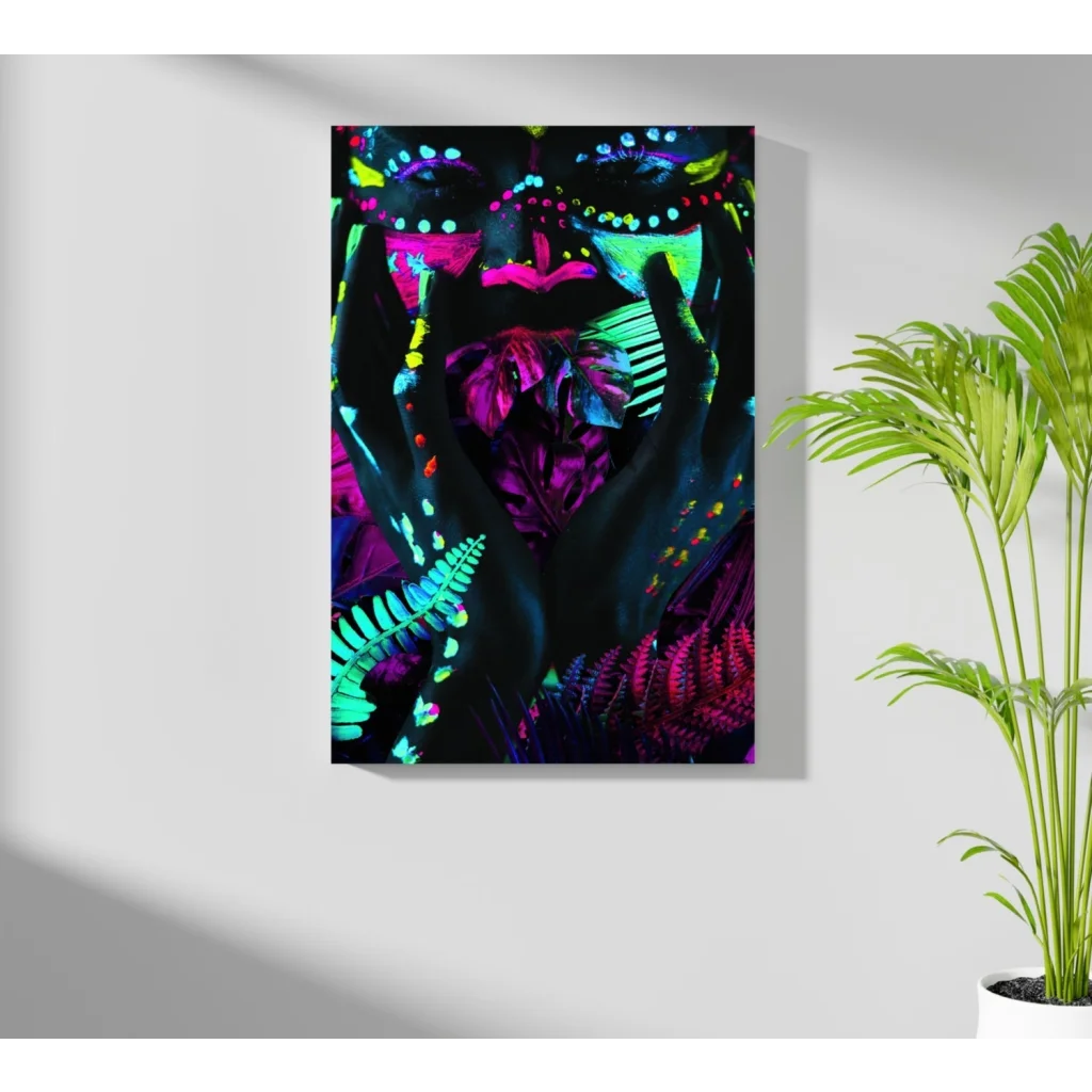 Vibrant neon glow tropical insigne aluminum prints of stylized face art