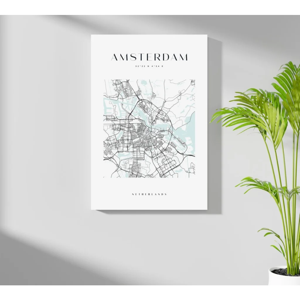 Minimalist Amsterdam map insigne aluminum print in mint green
