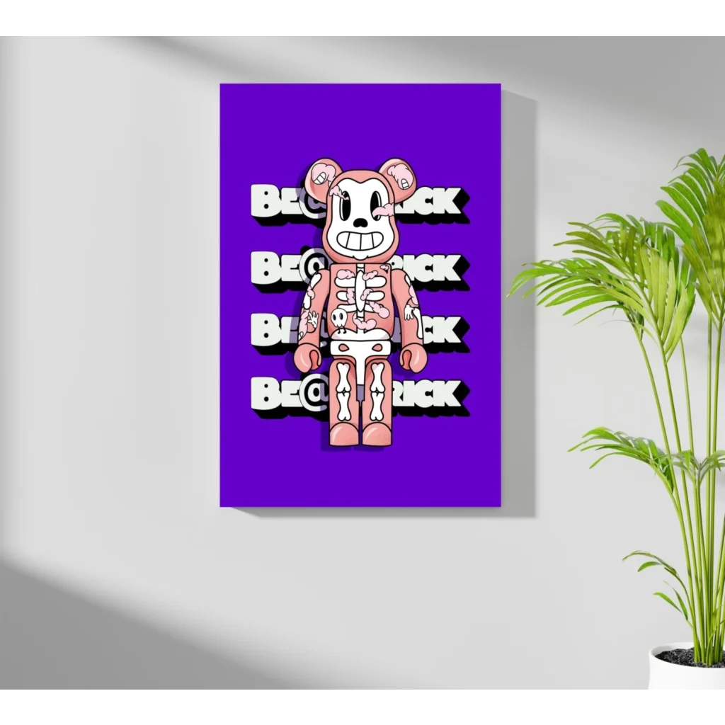 Pink cartoon bear with skeleton on purple: insigne aluminum print