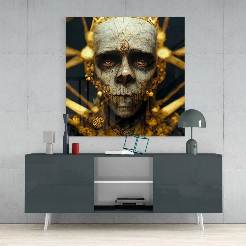 Golden skull glass wall art with radiant embellishments