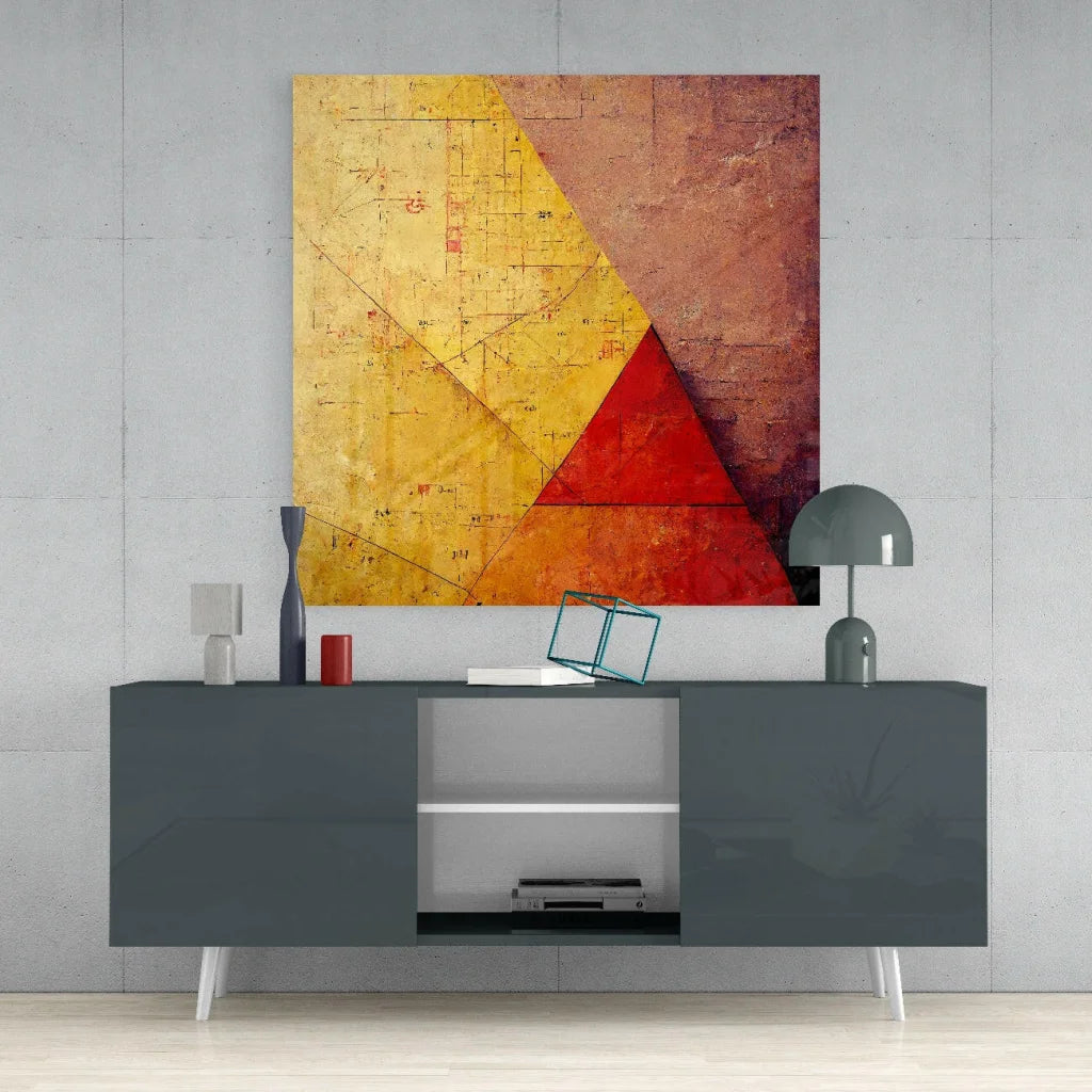Bold geometric glass wall art with textured red and gold triangles