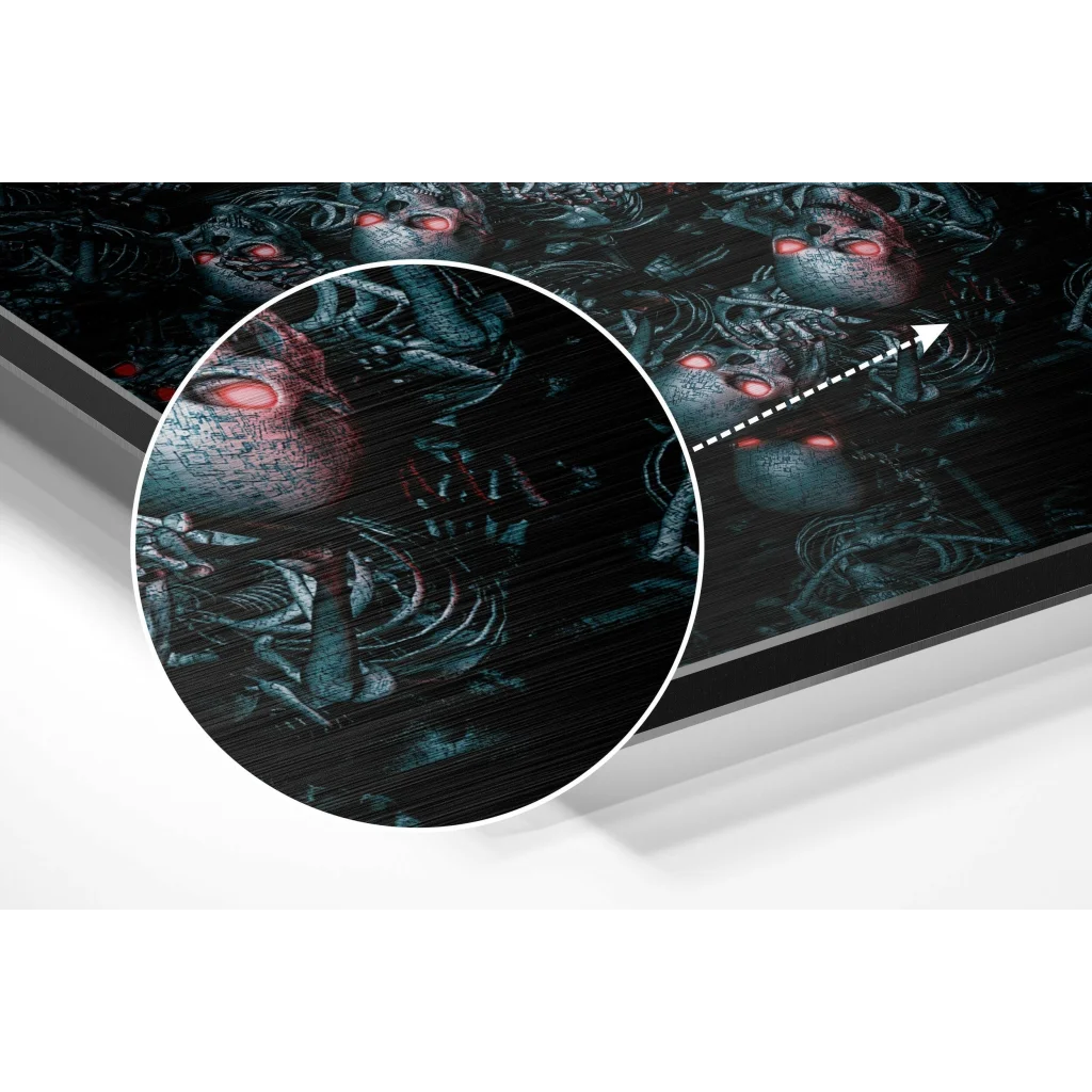 Dark teal and black skeletal figures with glowing red eyes on brushed aluminium dibond wall art