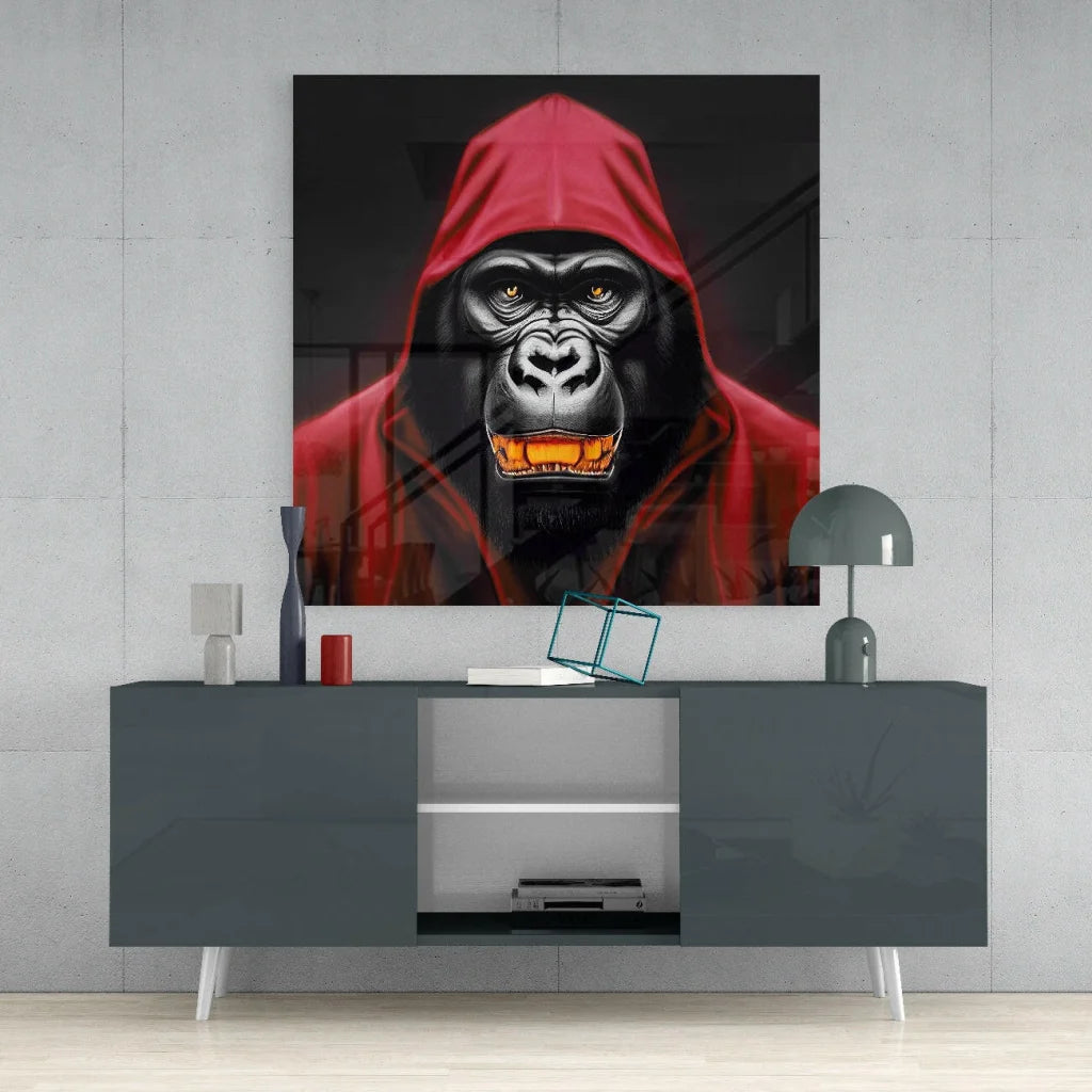 Red gorilla glass wall art with glowing eyes and bold black-and-white contrast