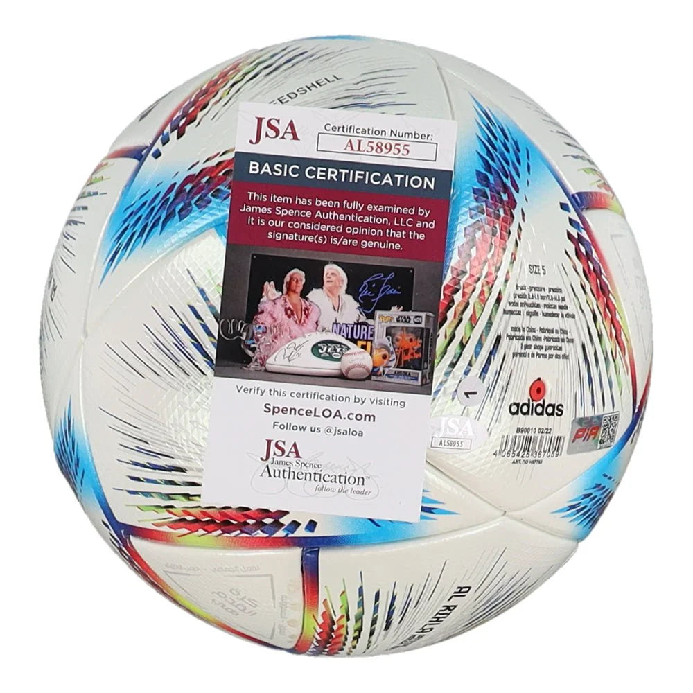 White and blue Adidas FIFA World Cup logo soccer ball with JSA certification