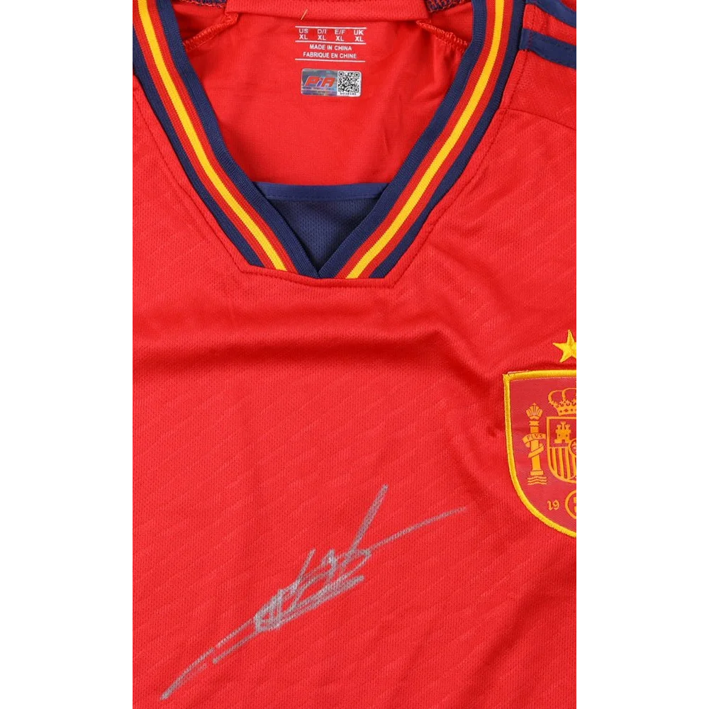 Ansu Fati signed Spain national jersey with crest and signature on red short-sleeve soccer shirt