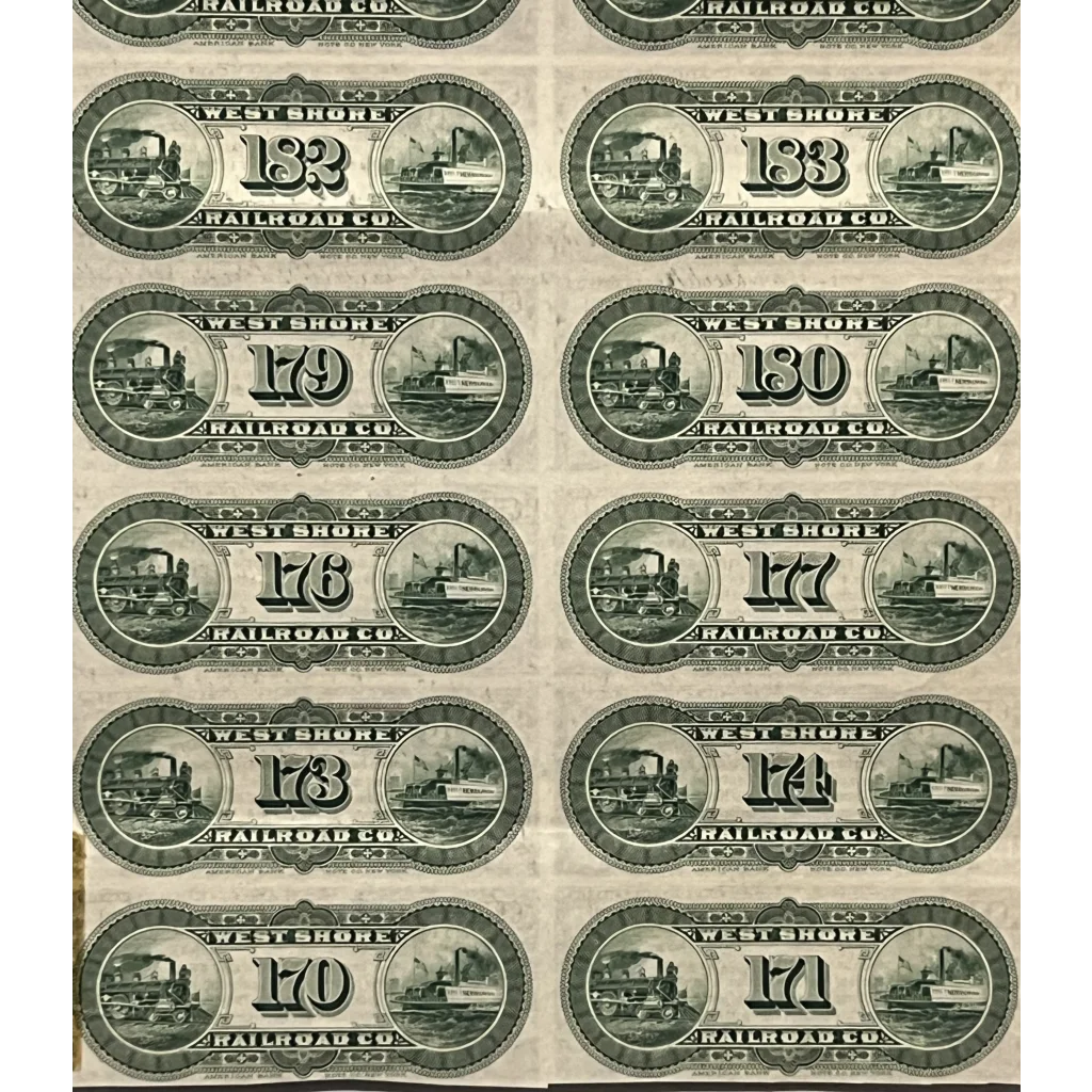 Vintage Sheet of West Shore Railroad Ticket Stamps with Locomotive Designs