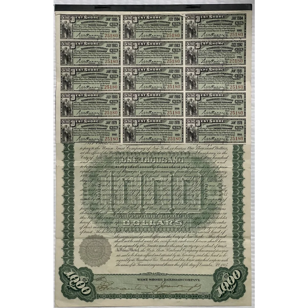 Antique 1885 West Shore Railroad Company Gold Bond Certificate Collectibles Vintage and Gifts Home page | Unique Piece