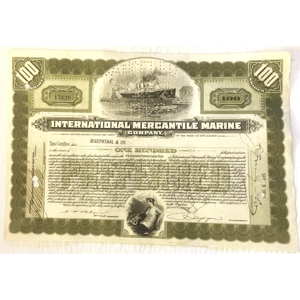 Stock certificate for International Mercantile Marine featuring a steamship illustration