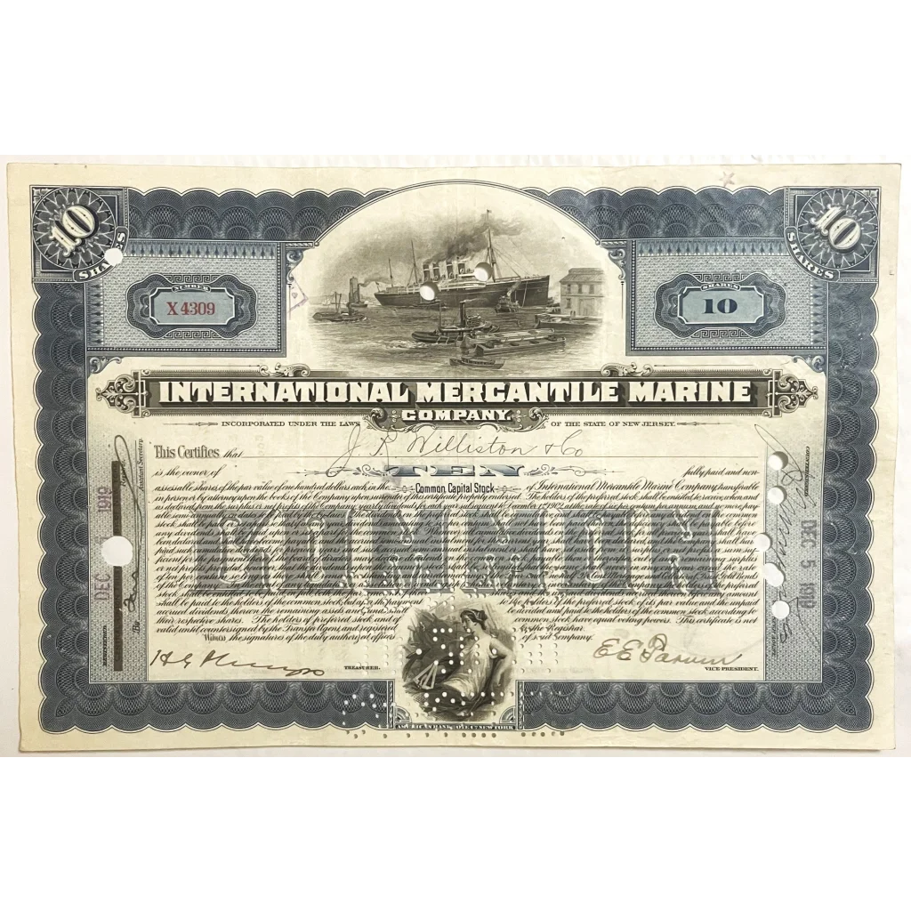 Stock certificate for the International Mercantile Marine Company with ship illustration