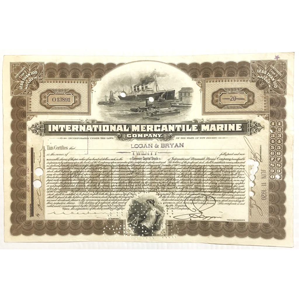 Stock certificate for International Mercantile Marine featuring a classic steamship design