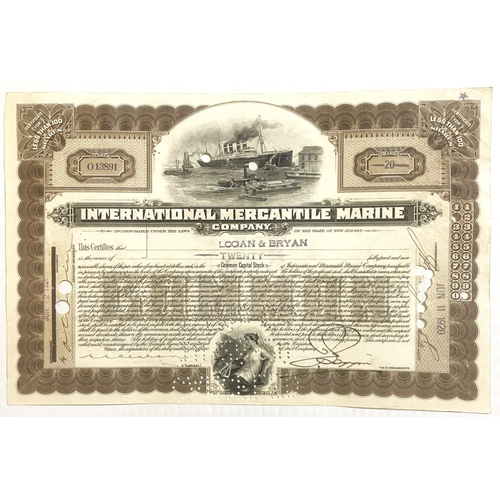 Antique 1910s - 1920s Titanic International Mercantile Marine Stock Certificate - Brown Collectibles Vintage and Gifts