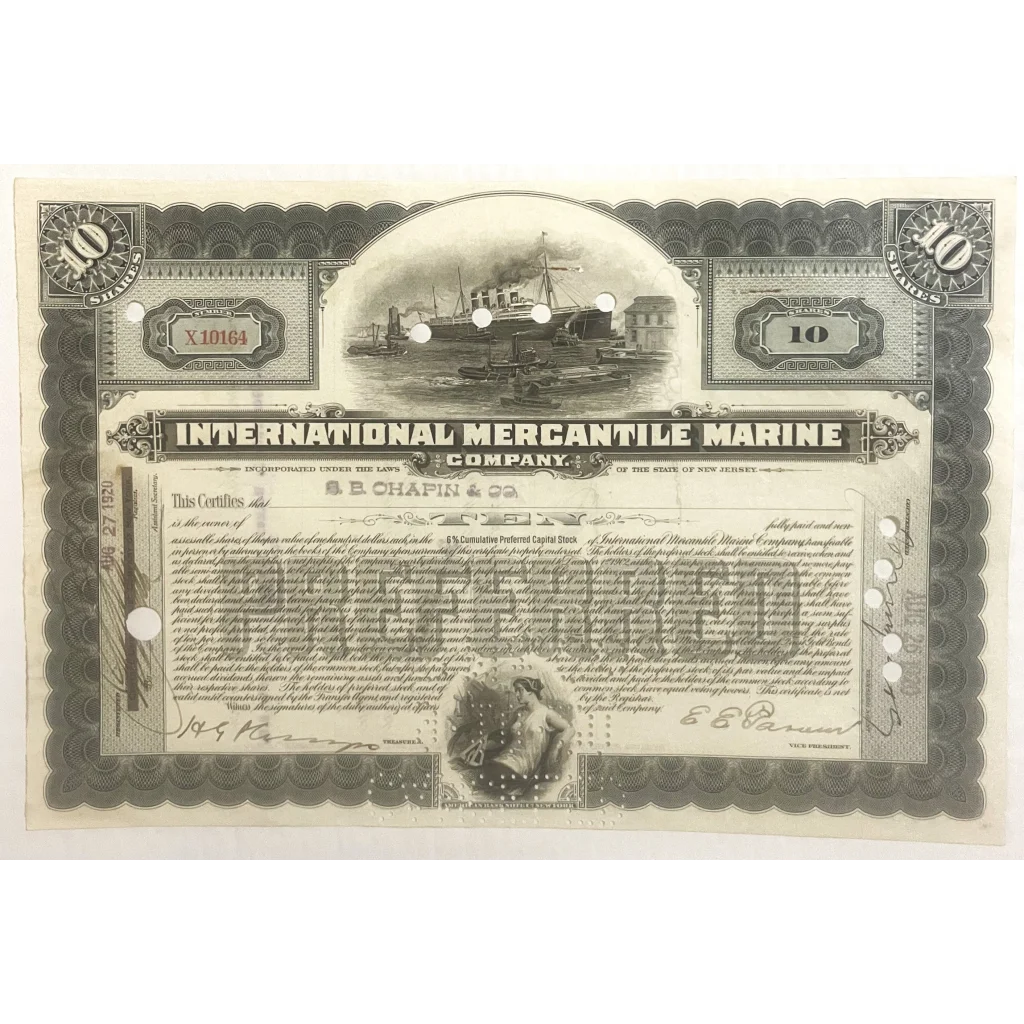 Antique 1910s - 1920s Titanic International Mercantile Marine Stock Certificate - Gray Collectibles Vintage and Gifts