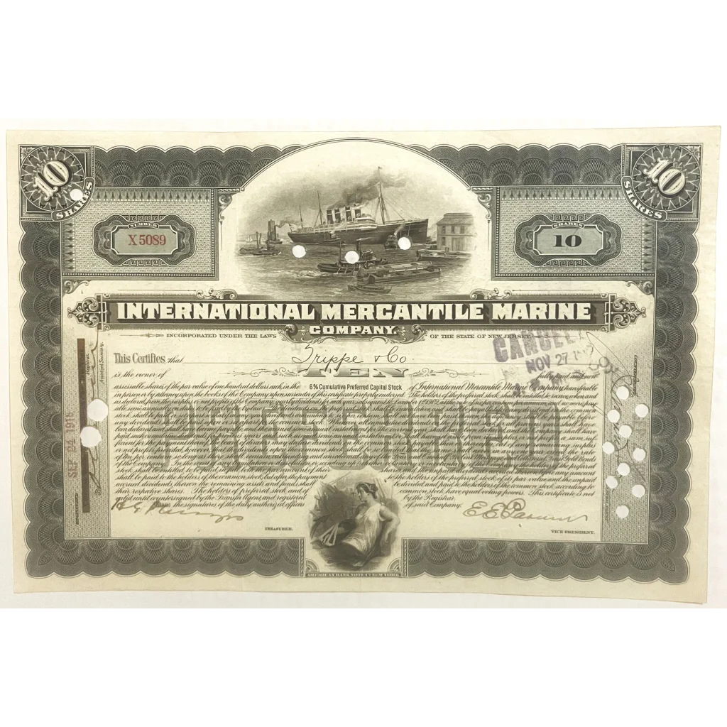 Antique 1910s - 1920s Titanic International Mercantile Marine Stock Certificate - Gray Collectibles Vintage and Gifts