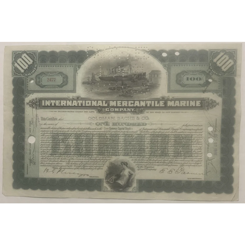 Stock certificate for Titanic International Mercantile Marine Company with ship image