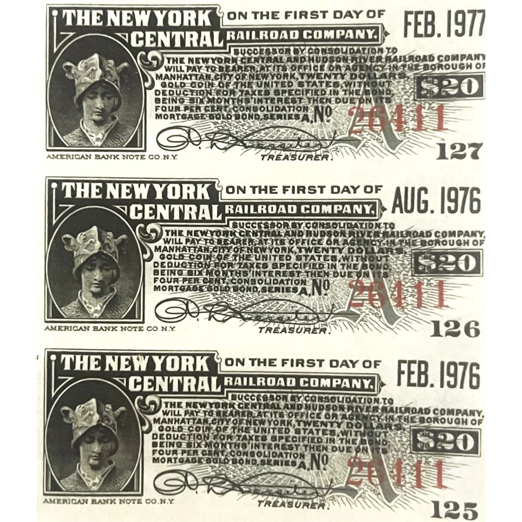 Three vintage New York Central Railroad $20 scrip certificates showcasing a gold bond certificate