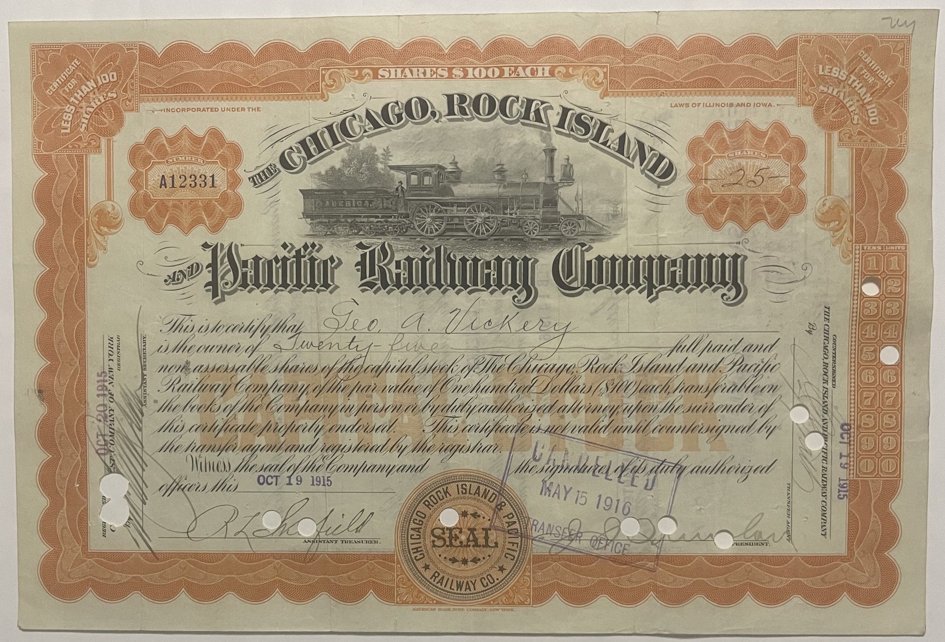 Antique 1915 Chicago Rock Island Pacific Railroad Stock Certificate Collectibles Vintage and Gifts Home page