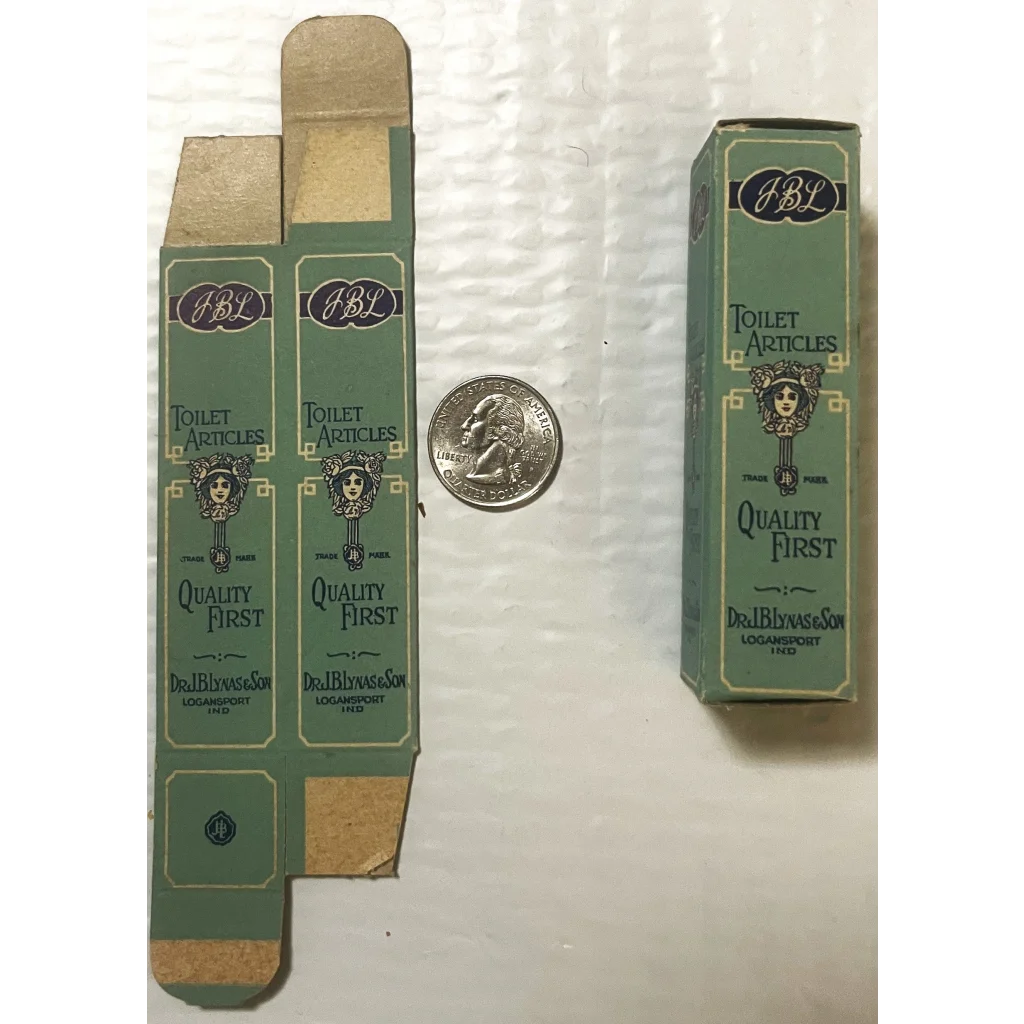 Vintage green cardboard boxes for 1920s JBL toilet articles in pristine condition