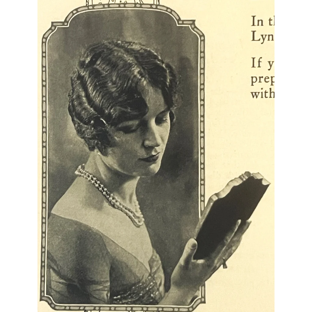 Black and white photo of a woman in 1920s dress reading a toiletry brochure