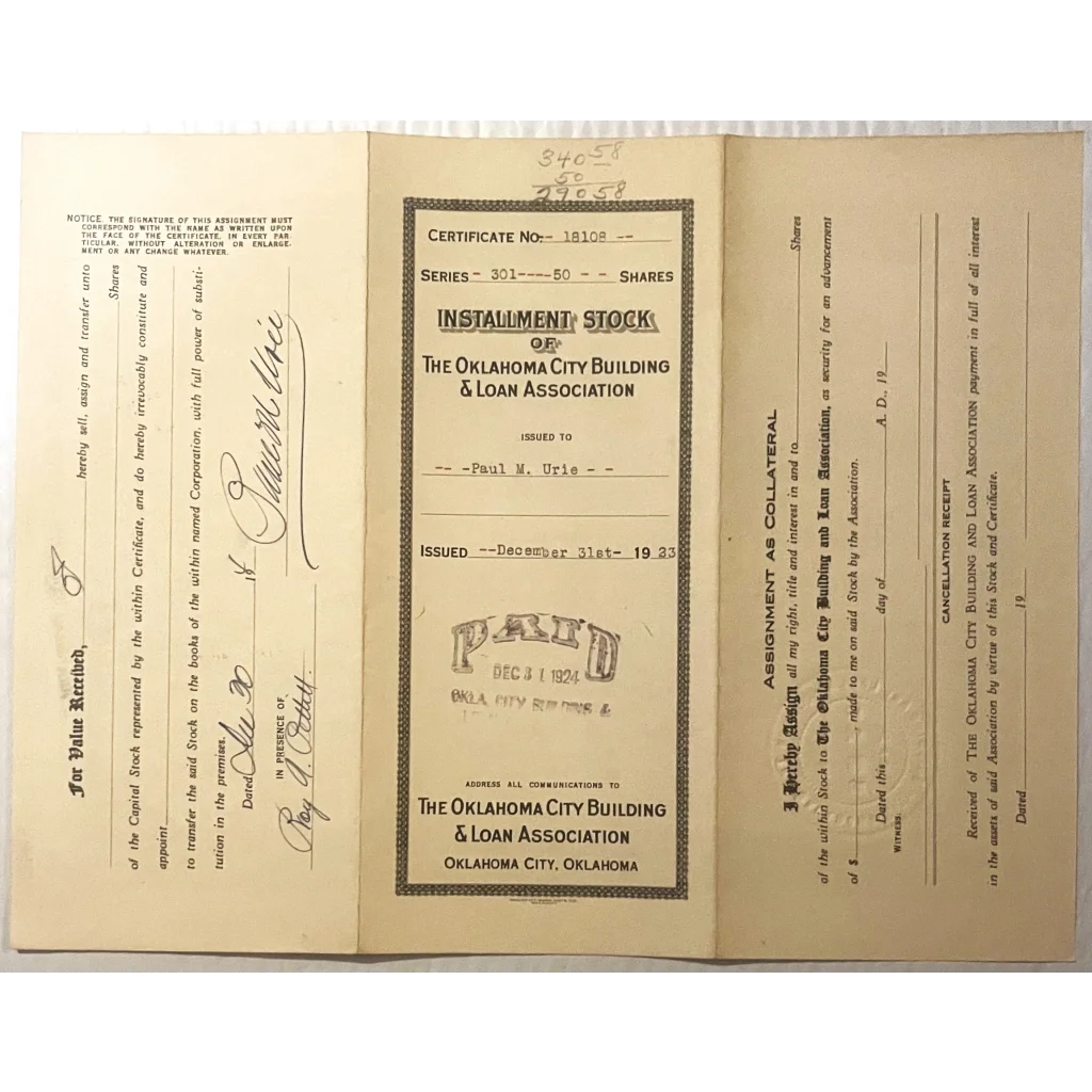Vintage antique 1920s Oklahoma loan association stock certificate from Rare Gem