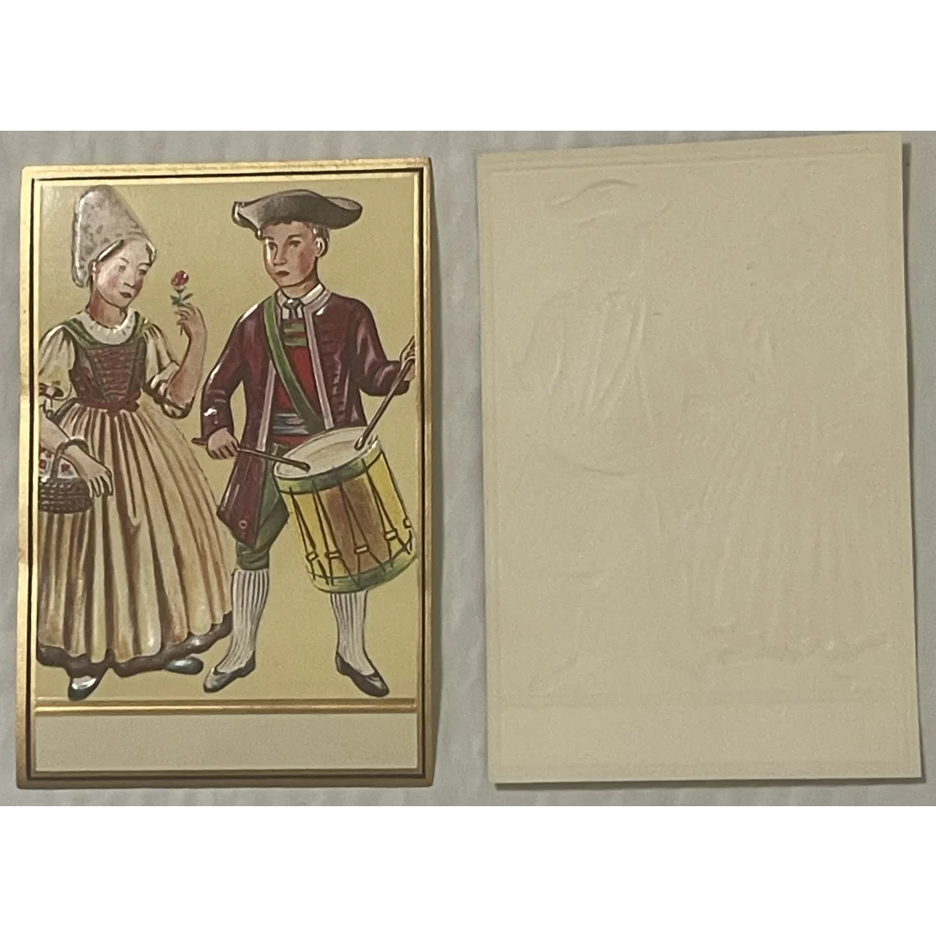 Vintage illustration of a colonial couple perfect for a gold embossed label display