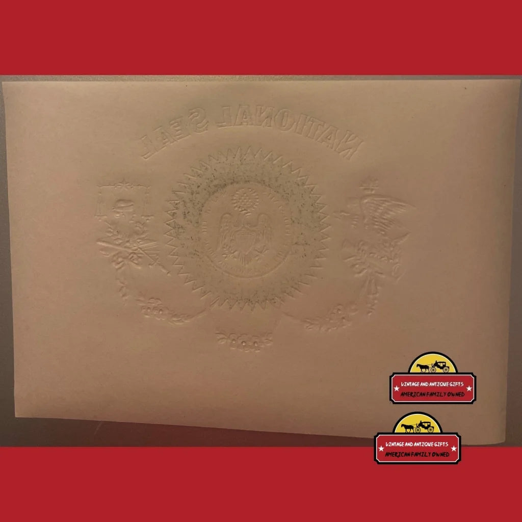 Embossed antique vintage diploma featuring ornate design and National Seal cigar label art