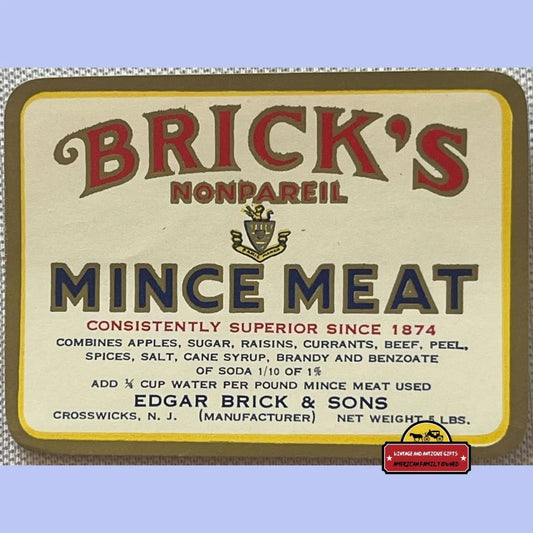 Antique Vintage 1910s - 1930s Brick’s Nonpareil Mince Meat Label 5 Lb Advertisements Food and Home Misc. Memorabilia