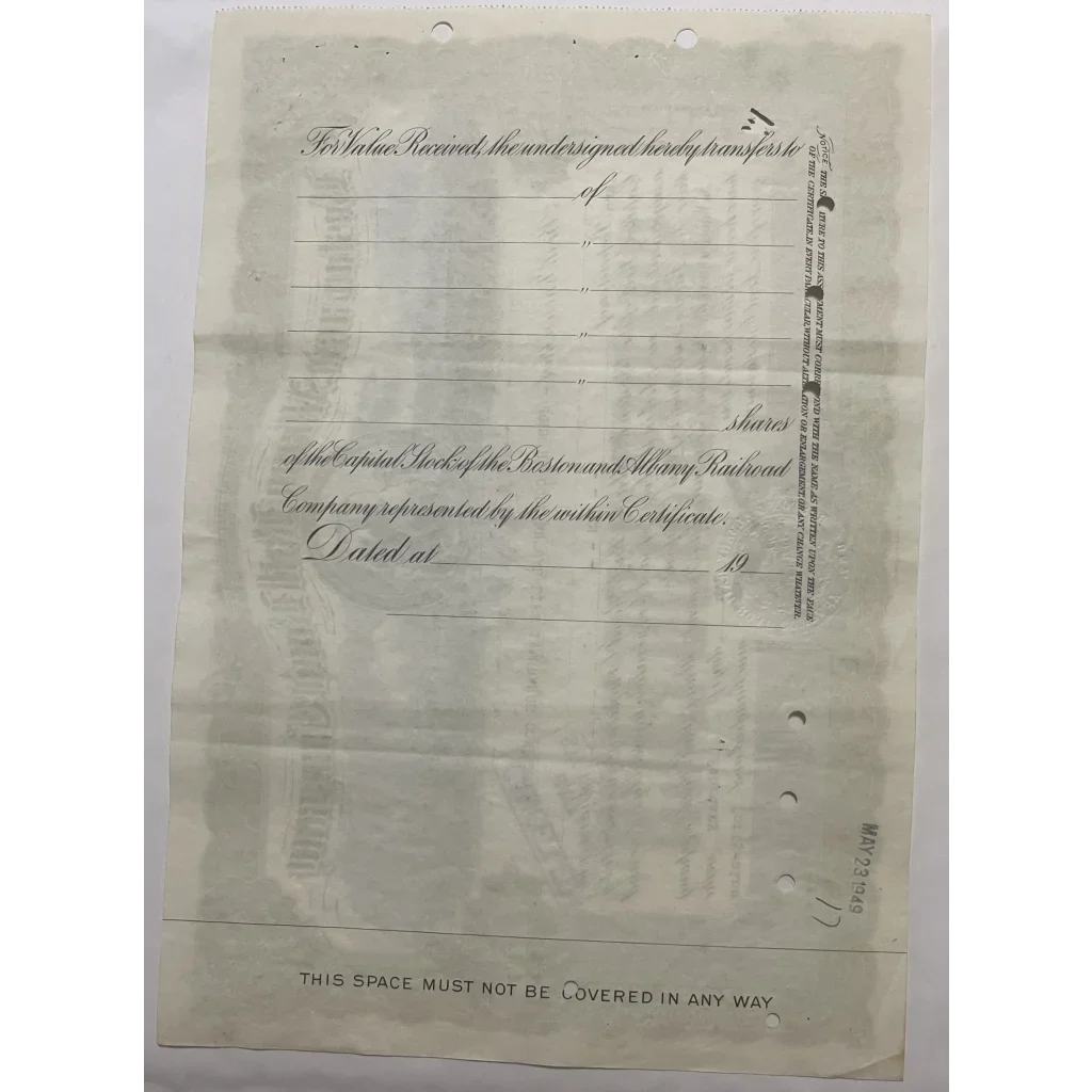 Partially filled antique document showcasing a Boston Albany Railroad stock certificate
