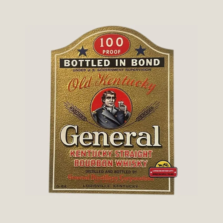 Gold bourbon whisky label reading "Old Kentucky General" with military figure, 100 proof.