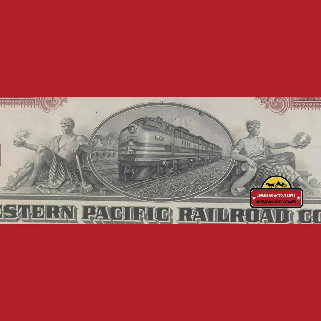 Vintage Western Pacific Railroad stock certificate with cool train illustration from the 1940s-50s