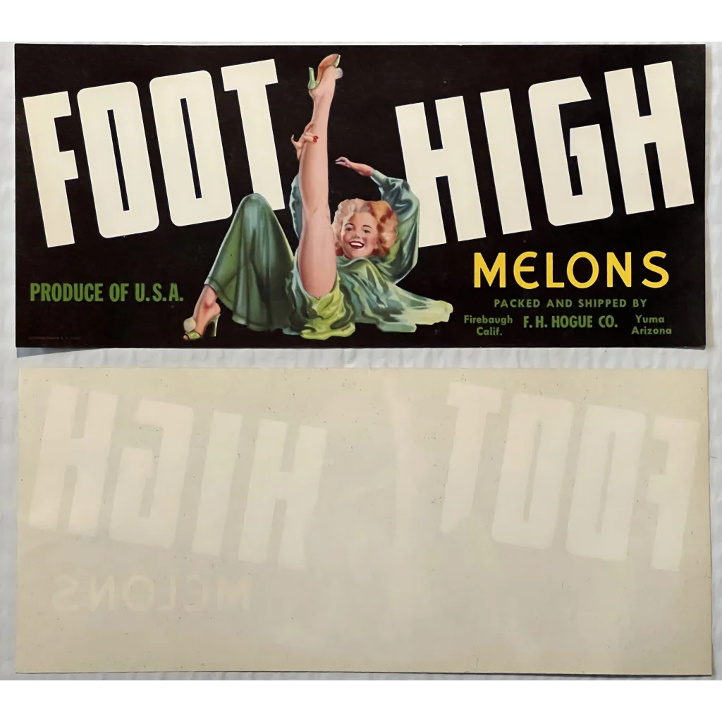 Vintage 1940s Foot High Melons crate label with woman in green, perfect for antique lovers
