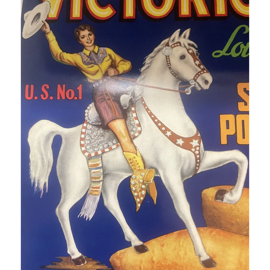 Antique Vintage 1940s Victorious Crate Label Sunset LA Amazing Cowgirl! Advertisements and Gifts Home page Stunning
