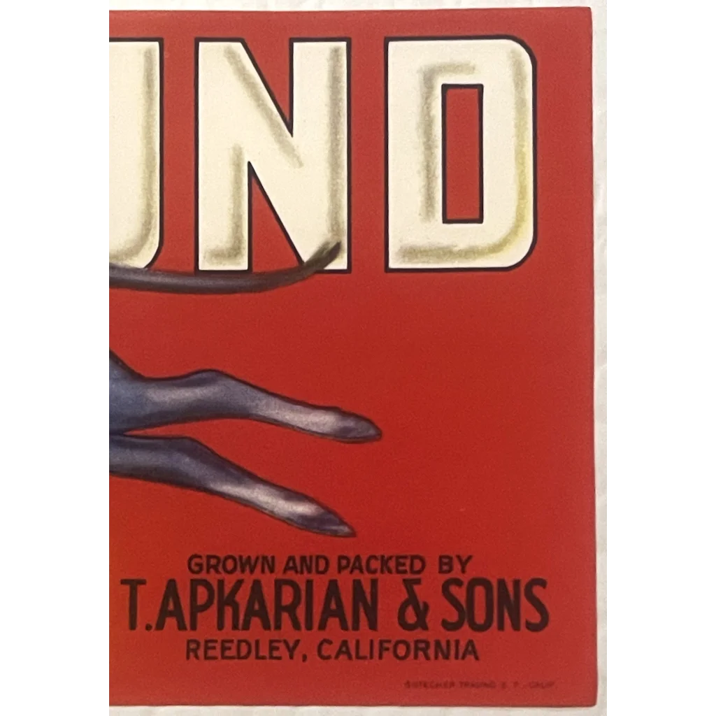 Partial view of 1950s Blue Hound crate label with bold Und letters on red background