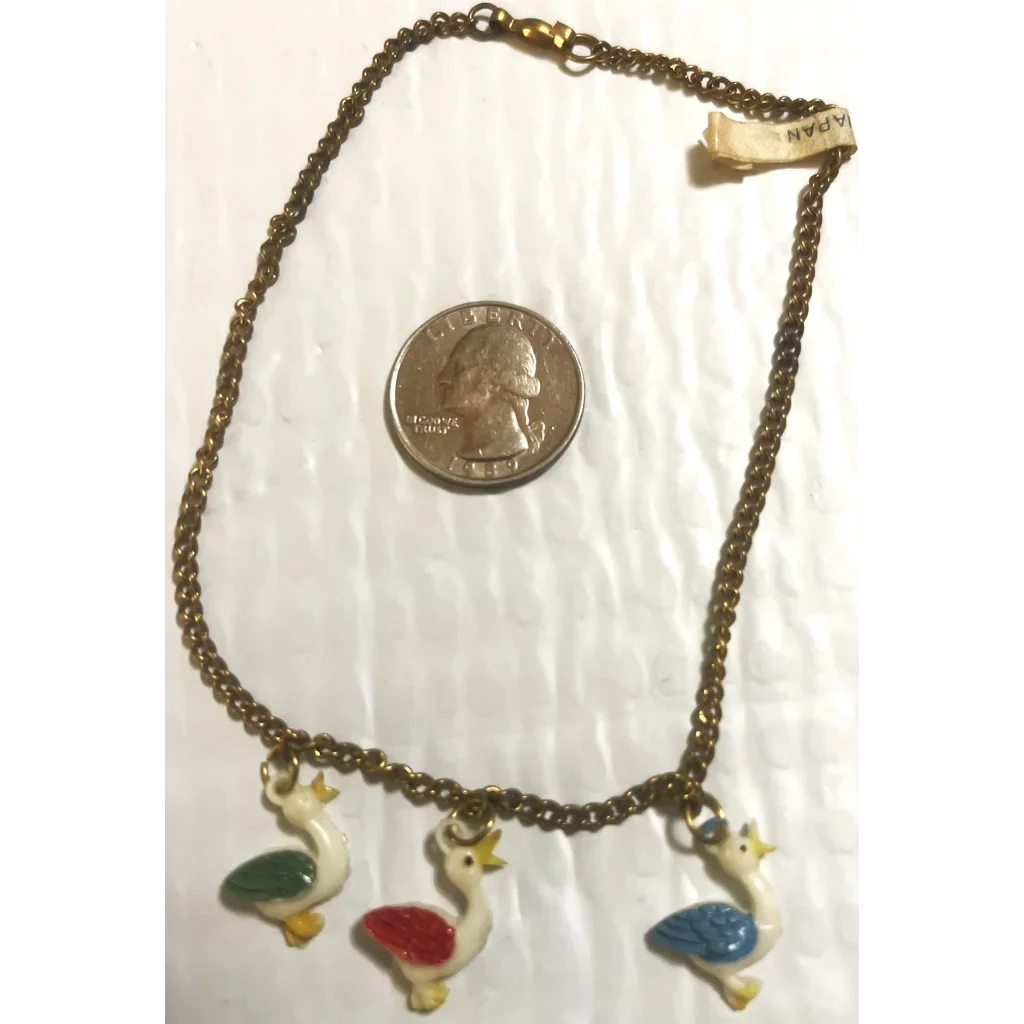 Charming Antique Vintage 1950s Duck Choker Necklace with colorful duck charms on chain