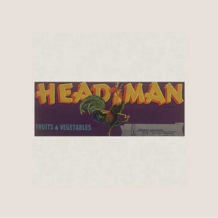 Vintage 1950s Head Man Crate Label with Rooster for antique decor and collectibles