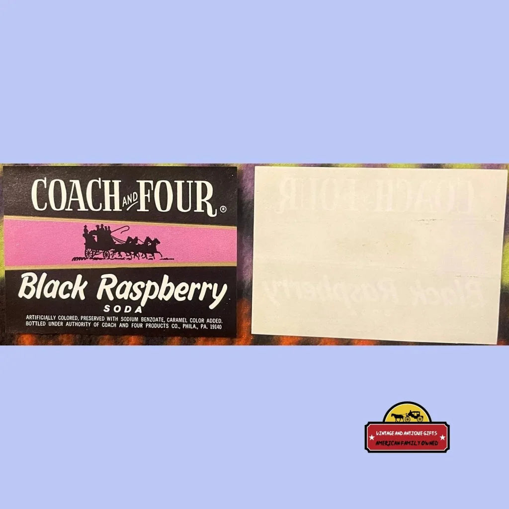 Box of Coach Four Black Raspberry tea with Rare 1960s Antique Vintage Black Raspberry Soda Label