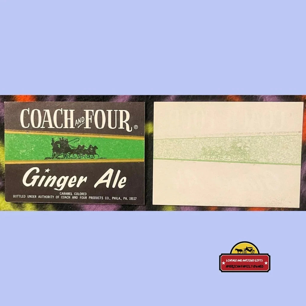 Front and back of the Coach and Four Ginger Ale label: dark brown with a green band and black stagecoach, beside the plain back with the green band ghosting through