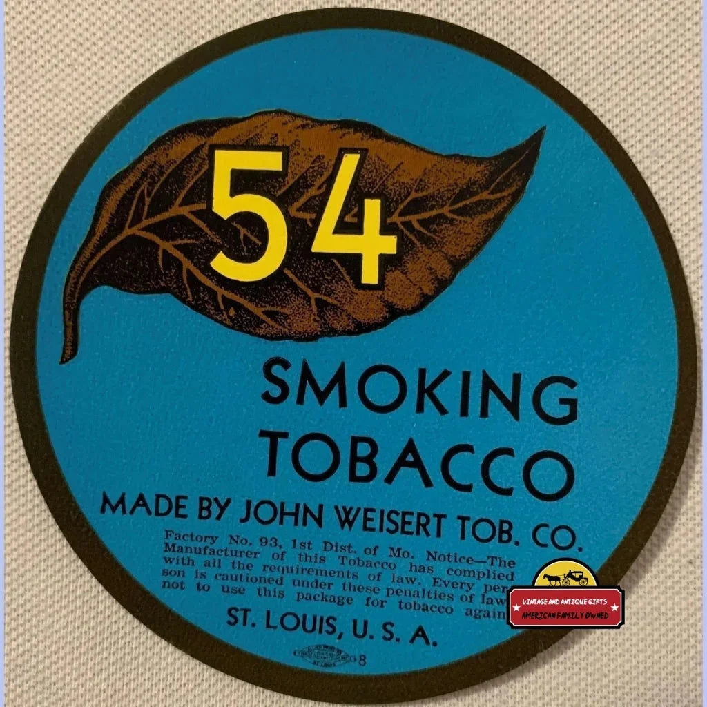 Antique Vintage 54 Smoking Tobacco Label St Louis Mo 1910s - 1930s Advertisements and Gifts Home page Rare Label: