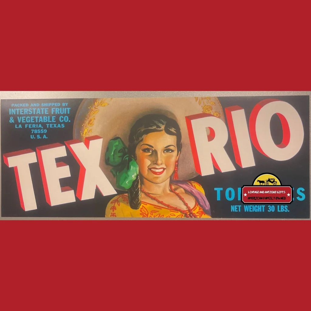 Vintage Tex Rio crate label with smiling woman showcasing iconic tomatoes
